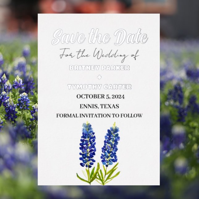 Blue Bluebonnets Floral Photo QR Code Wedding Foil Invitation (Creator Uploaded)
