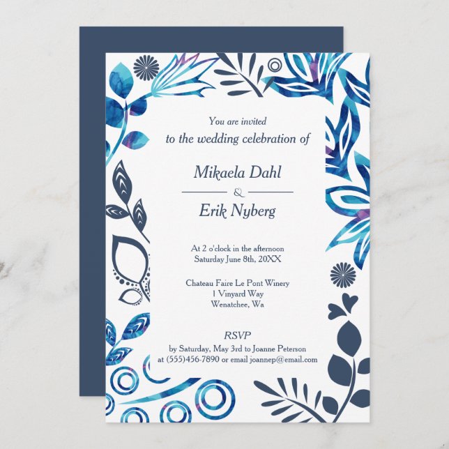 Blue, Bluish Gray Floral Pattern Frame Wedding Invitation (Front/Back)