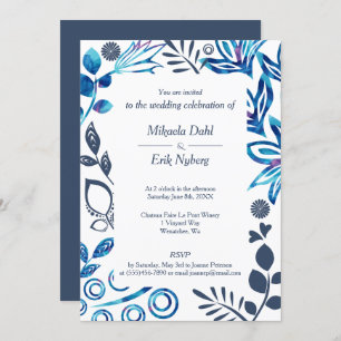 Blue, Bluish Gray Floral Pattern Frame Wedding Invitation