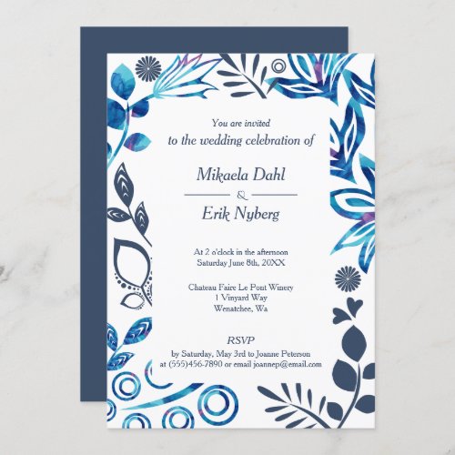 Blue Bluish Gray Floral Pattern Frame Wedding Invitation