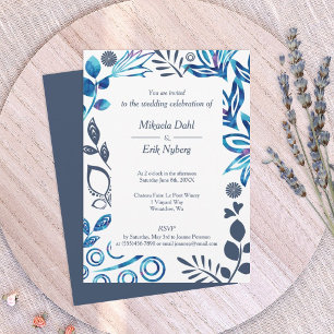 Blue, Bluish Gray Floral Pattern Frame Wedding Invitation
