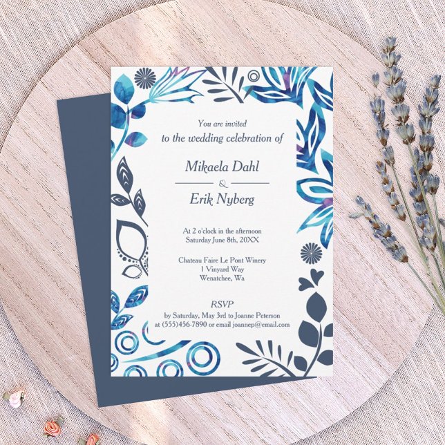 Blue, Bluish Gray Floral Pattern Frame Wedding Invitation (vibrant blue and navy blue floral frame wedding invitation template, blue-gray, slate blue)