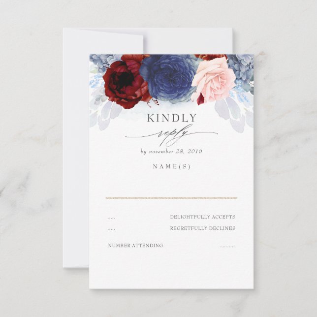 Blue Blush and Burgundy Red Wedding RSVP (Front)