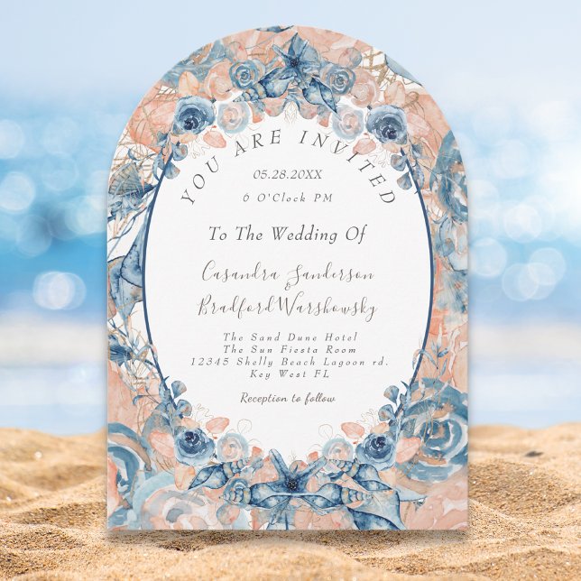 Blue Blush  Beach Watercolor Shell Flowers Wedding Invitation (Creator Uploaded)