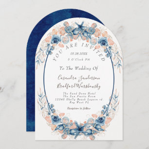 Blue Blush Beach Watercolor Shell Flowers Wedding Invitation