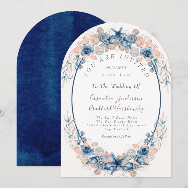 Blue Blush  Beach Watercolor Shell Flowers Wedding Invitation (Front/Back)