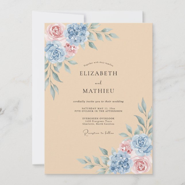 Blue Blush Botanical Flourish Wedding Invitation (Front)