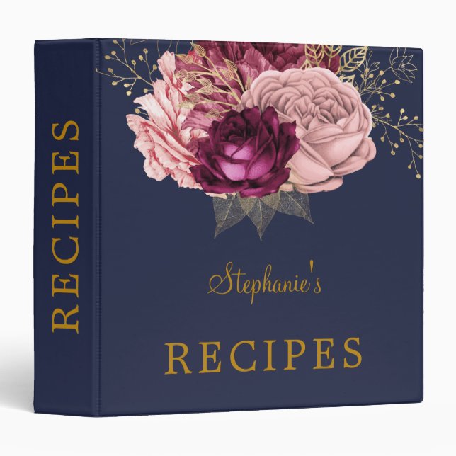 Blue Blush Burgundy Gold Floral Recipe 3 Ring Binder (Front/Spine)