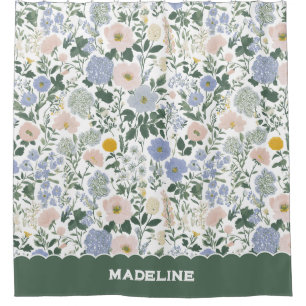 Blue Blush Cottagecore Wildflower Custom Name Shower Curtain