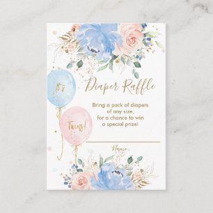 Blue Blush Floral Balloons Twins Diaper Raffle Enclosure Card