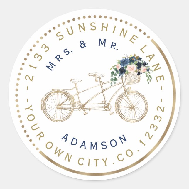 Blue Blush Floral Bike Circular Address Label (Front)