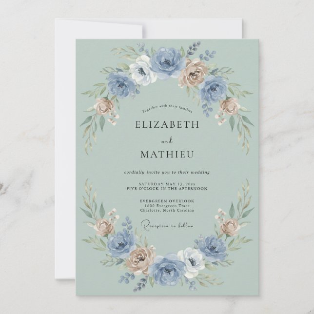 Blue Blush Floral Garland Wedding Invitation (Front)
