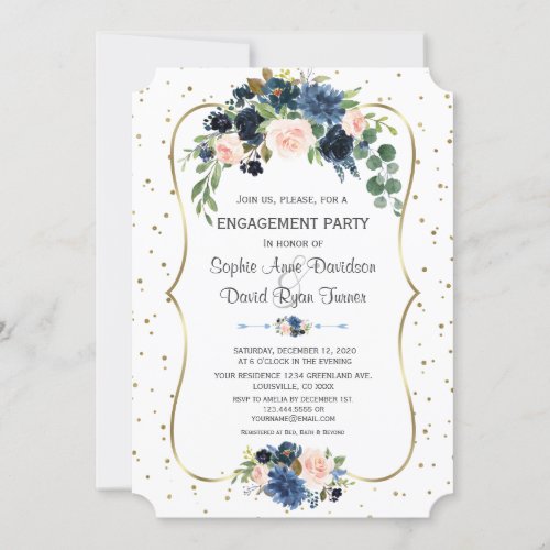 Blue Blush Floral Gold Glitter Confetti Engagement Invitation