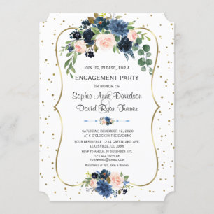 Blue Blush Floral Gold Glitter Confetti Engagement Invitation