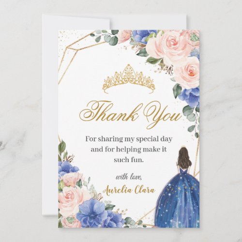 Blue Blush Floral Princess Tiara Quinceaera 15th  Thank You Card
