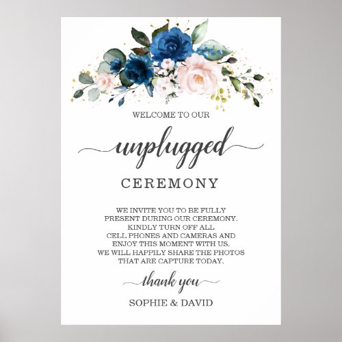 Blue Blush Floral Unplugged Wedding Ceremony Sign