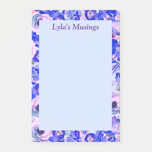 Blue Blush Floral Watercolor Personalized Post_it Notes