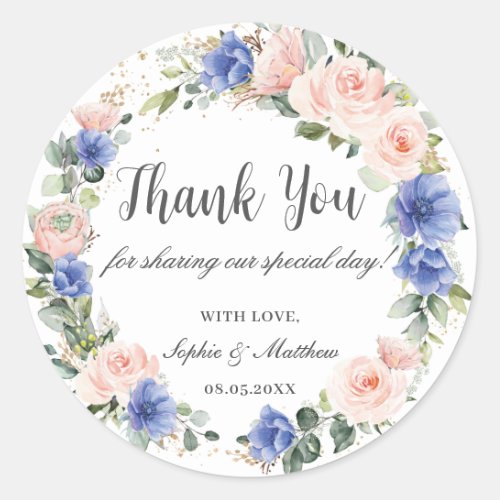 Blue Blush Floral Wedding Bridal Favor Thank You Classic Round Sticker