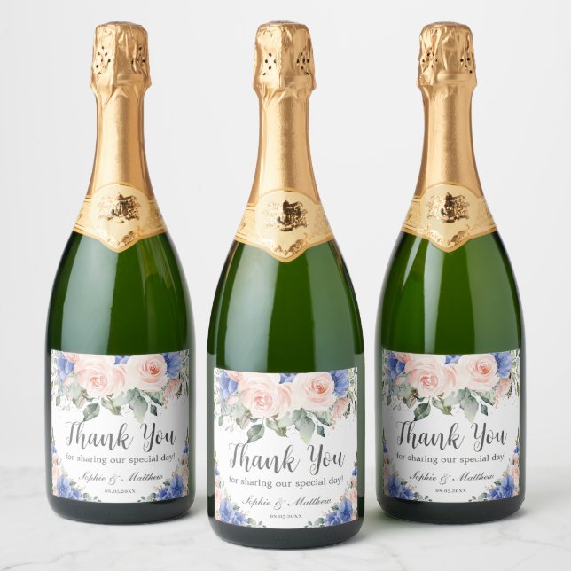 Blue Blush Floral Wedding Bridal Favor Thank You Sparkling Wine Label (Bottles)