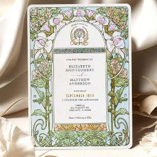 Blue & Blush Florals Art Nouveau Wedding Invitation
