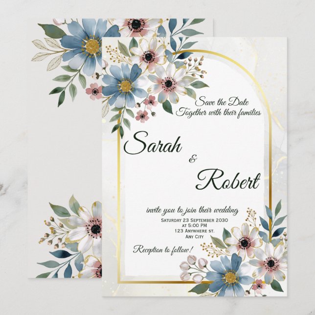 Blue Blush Flower Frame Elegant Wedding Invitation (Front/Back)