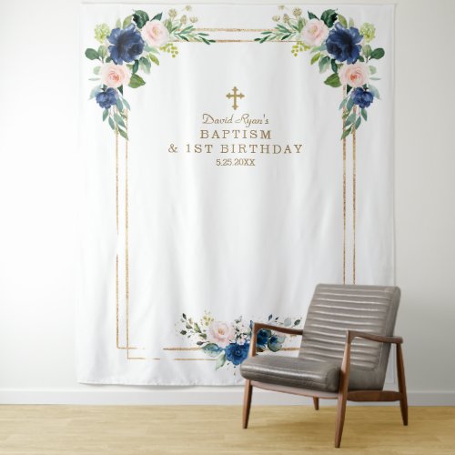 Blue Blush Flowers Photo Booth Birthday Baptism Tapestry
