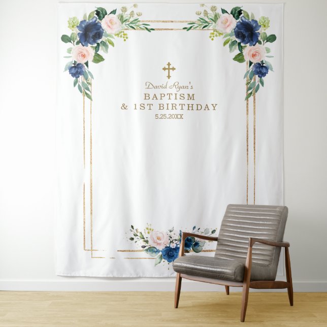 Blue Blush Flowers Photo Booth Birthday Baptism Tapestry (In Situ)