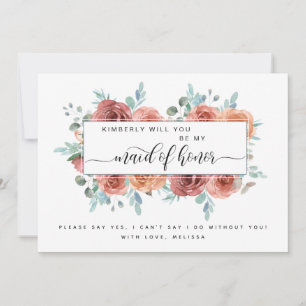 Blue, Blush Peach Floral Be My Maid of Honor Card