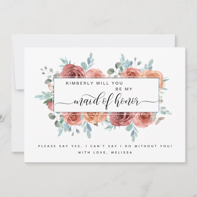 Blue, Blush Peach Floral Be My Maid of Honor Card (Front)