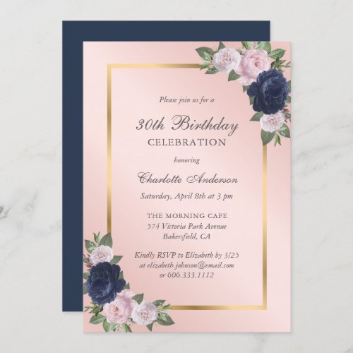 Blue Blush Pink Elegant Floral 30th Birthday Invitation