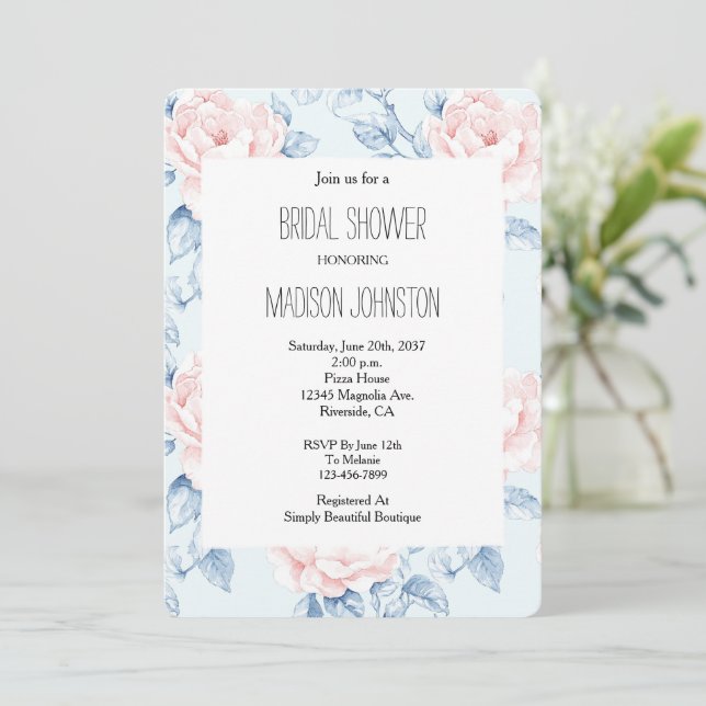 Blue Blush Pink Floral Bridal Shower Invitation (Standing Front)