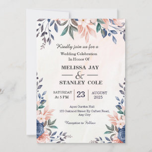 Blue & Blush Pink Floral Frame Watercolor Wedding Invitation