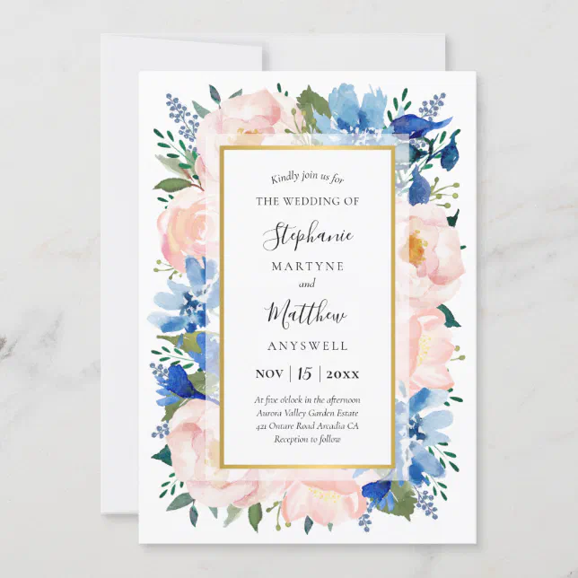 Blue Blush Pink Floral Gold Wedding Invitation Zazzle