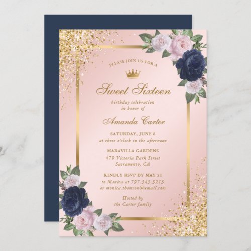 Blue Blush Pink Floral Sweet 16 Sixteen Birthday Invitation