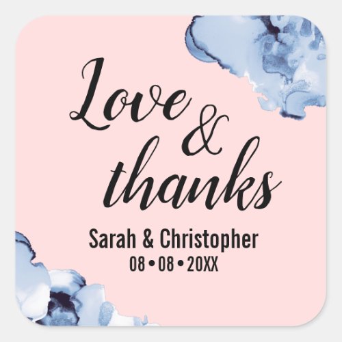 Blue Blush Pink Gold Watercolor Love  thanks Square Sticker
