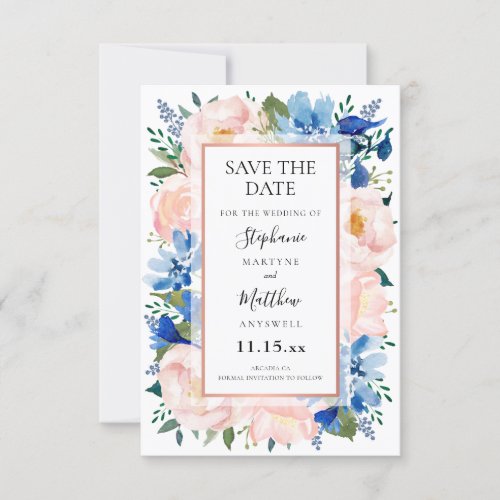 Blue Blush Pink Rose Gold Watercolor Wedding Save The Date