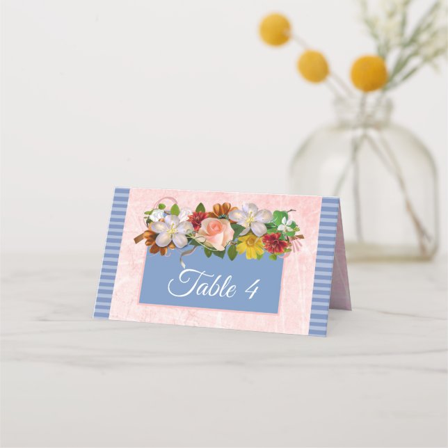 Blue Blush Pink Rose Rose Bouquet Table Card (Front)