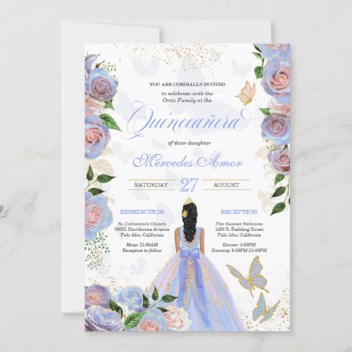 Blue  Blush Pink Roses Butterfly Quinceanera Invitation