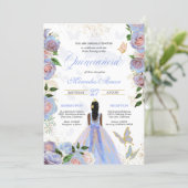 Blue & Blush Pink Roses Butterfly Quinceanera Invitation (Standing Front)