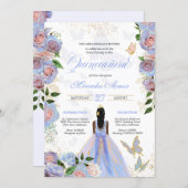 Blue & Blush Pink Roses Butterfly Quinceanera Invitation (Front/Back)