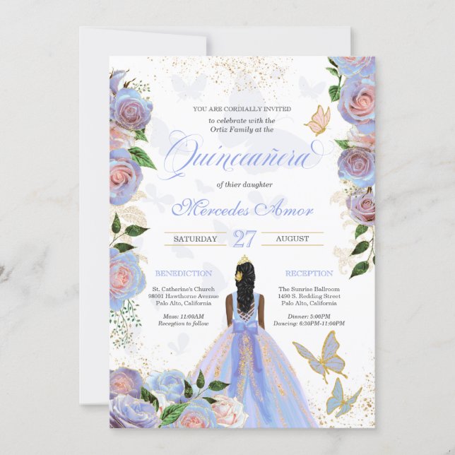 Blue & Blush Pink Roses Butterfly Quinceanera Invitation (Front)
