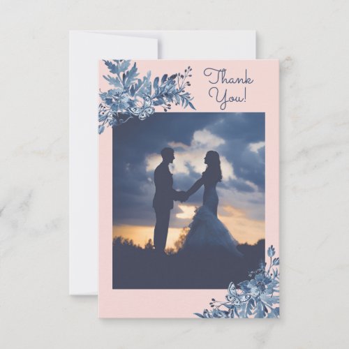 Blue Blush Pink Watercolor Floral Wedding Photo Thank You Card