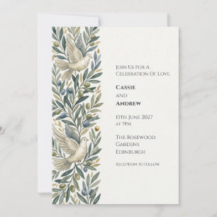 Blue Blush Ribbon Bow Dove Wedding Invitation