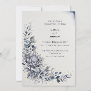 Blue Blush Ribbon Bow Dove Wedding Invitation