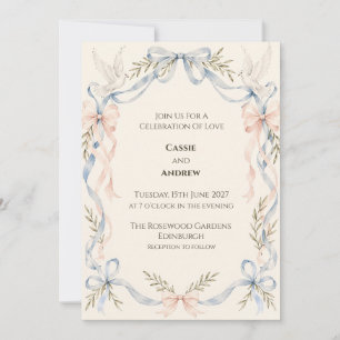 Blue Blush Ribbon Dove Wedding Invitation
