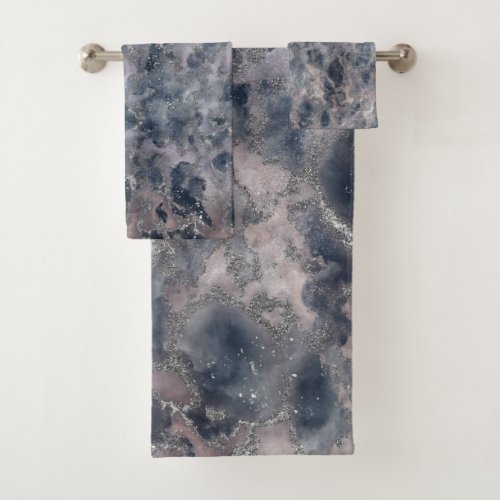 Blue  Blush Rose Pink Abstract Watercolor Stain Bath Towel Set