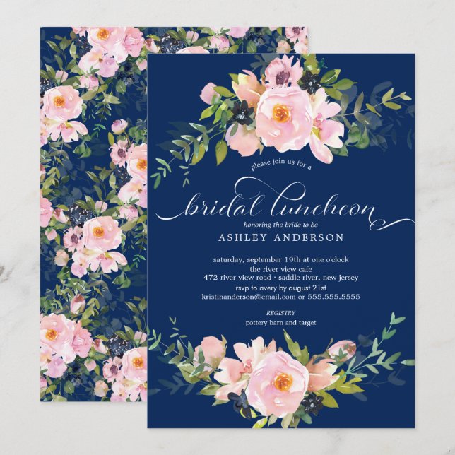 Blue Blush Roses & Peonies Bridal Luncheon Invitation (Front/Back)