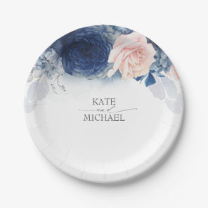 Blue Blush Watercolor Flowers Elegant Wedding Paper Plates