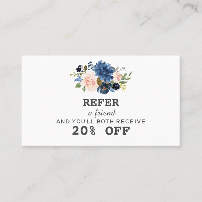 Blue  Blush Watercolor Flowers Makeup Artist Referral Card (Front)