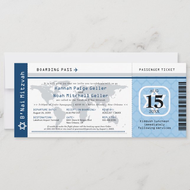 Blue B'Nai Mitzvah World Traveler Boarding Pass Invitation (Front)